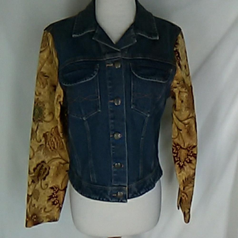 Cabi Denim Jacket Tapestry Sleeves S